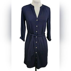 Lilly Pulitzer Navy Bailor Shirt Dress Wmns XS Jersey Knit Roll Tab Sleeve NWT